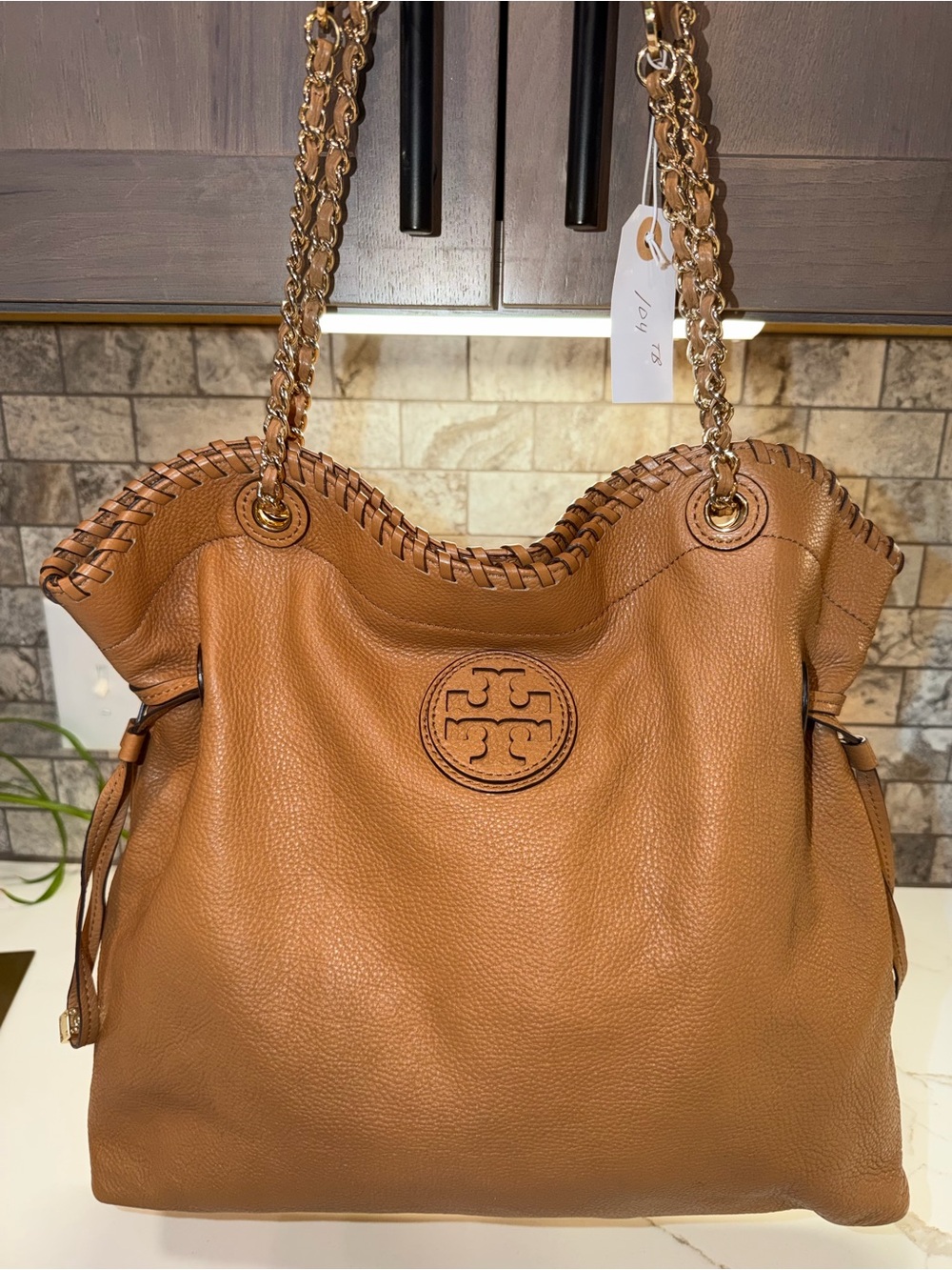 Tory Burch Marion Slouchy Tote in Tan Pebbled Leather with Whipstitch Accents